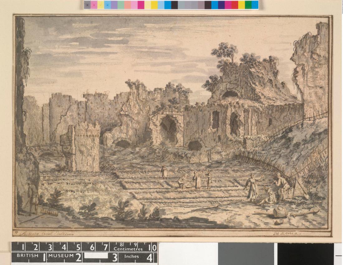 Через Британский музей (инв. 1858,0626.227), ок. Рисунок 1720 года: итальянские крестьяне, работающие на полях, возле руин терм Каракаллы в Риме