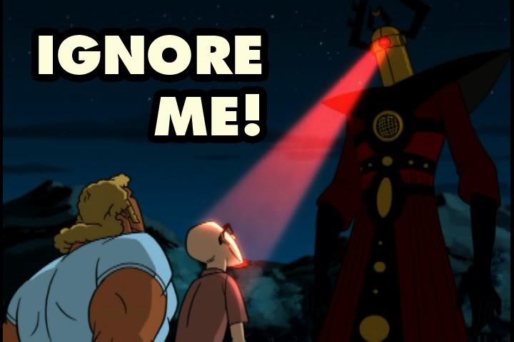 Персонажи и гигантский робот с надписью «Ignore Me!»