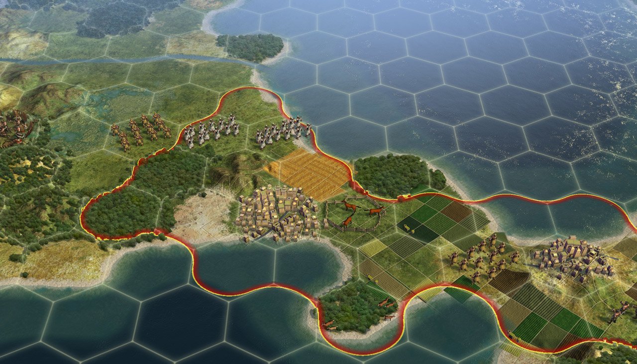 Карта из Civilization с гексами, городами, полями и отрядами