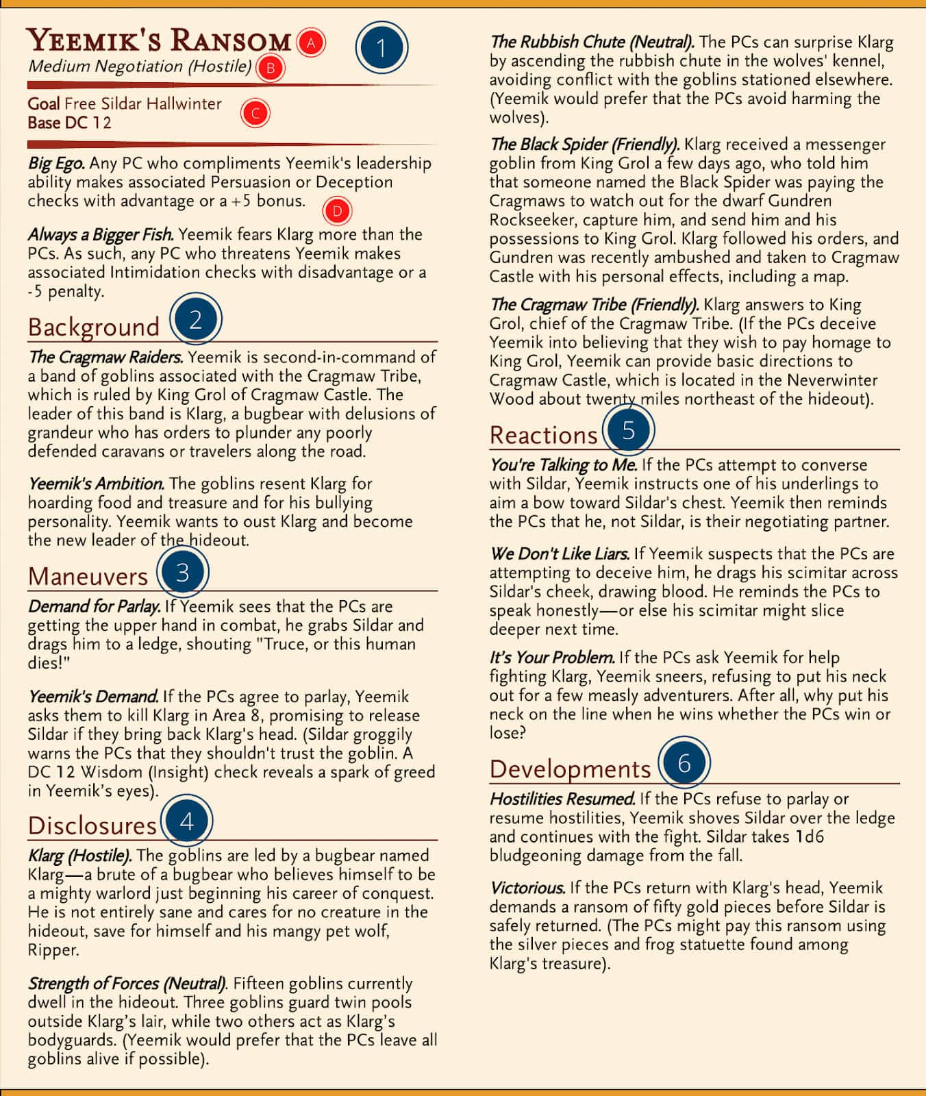 Пример статблока социального столкновения «Выкуп Йемика»